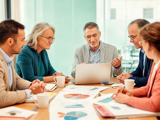 Equipo de consultores senior reunido en una oficina luminosa de Camas revisando gráficos de gestión
